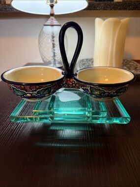 Mexican Talavera Handpainted Double Sided Salsa Bowls With Handle.